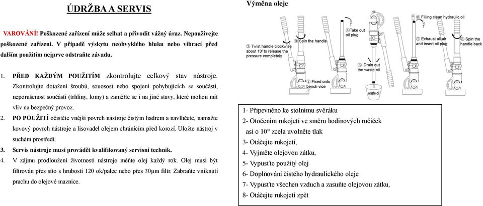 Zkontrolujte dotažení šroubů, souosost nebo spojení pohybujících se součásti, neporušenost součástí (trhliny, lomy) a zaměřte se i na jiné stavy, které mohou mít vliv na bezpečný provoz. 2.