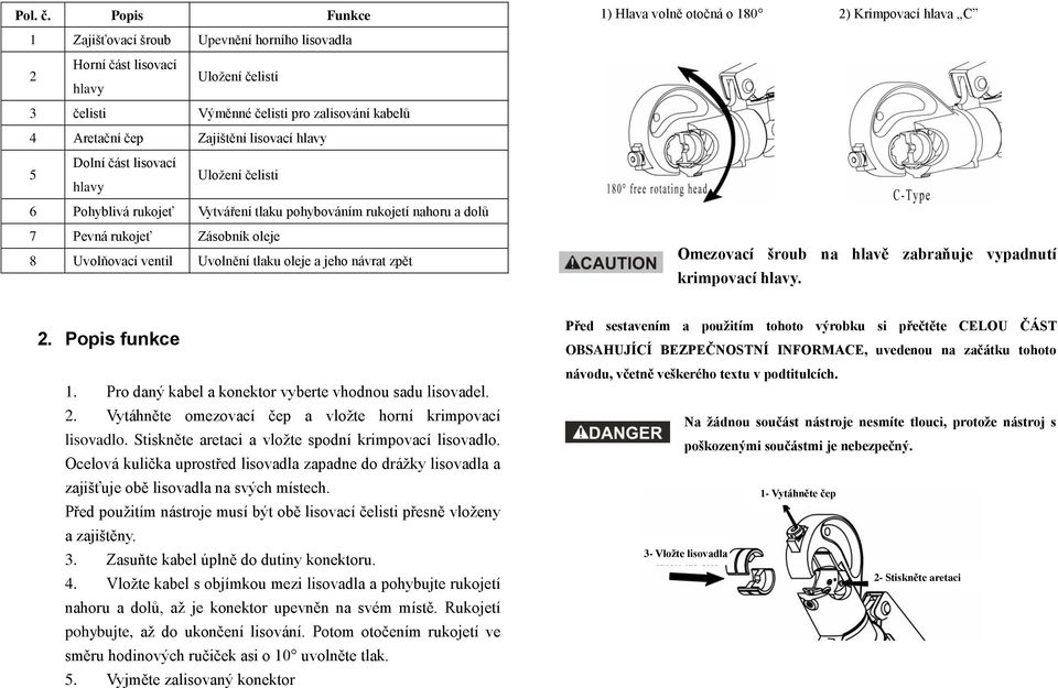 kabelů 4 Aretační čep Zajištění lisovací hlavy 5 Dolní část lisovací hlavy Uložení čelisti 6 Pohyblivá rukojeť Vytváření tlaku pohybováním rukojetí nahoru a dolů 7 Pevná rukojeť Zásobník oleje 8