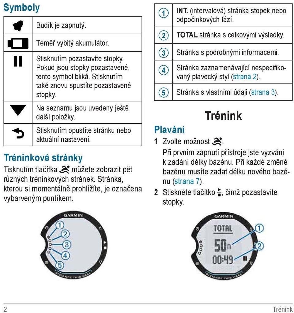 Stránka, kterou si momentálně prohlížíte, je označena vybarveným puntíkem. 1 INT. (intervalová) stránka stopek nebo odpočinkových fází. 2 TOTAL stránka s celkovými výsledky.