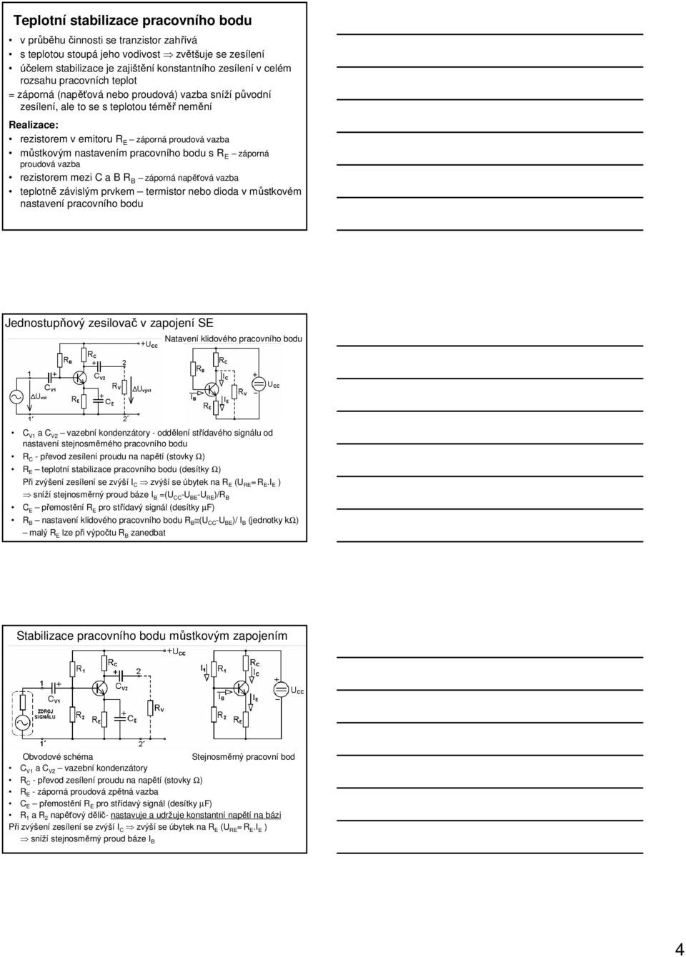 nastavením pracovního bodu s R E záporná proudová vazba rezistorem mezi C a B R B záporná napěťová vazba teplotně závislým prvkem termistor nebo dioda v můstkovém nastavení pracovního bodu
