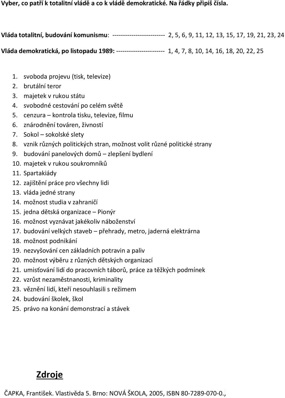 18, 20, 22, 25 1. svoboda projevu (tisk, televize) 2. brutální teror 3. majetek v rukou státu 4. svobodné cestování po celém světě 5. cenzura kontrola tisku, televize, filmu 6.