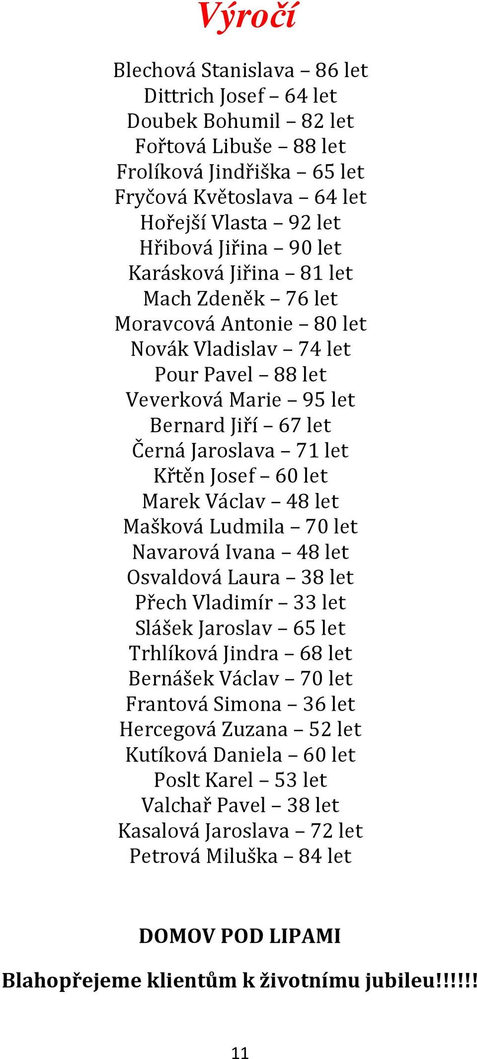 Václav 48 let Mašková Ludmila 70 let Navarová Ivana 48 let Osvaldová Laura 38 let Přech Vladimír 33 let Slášek Jaroslav 65 let Trhlíková Jindra 68 let Bernášek Václav 70 let Frantová Simona 36 let