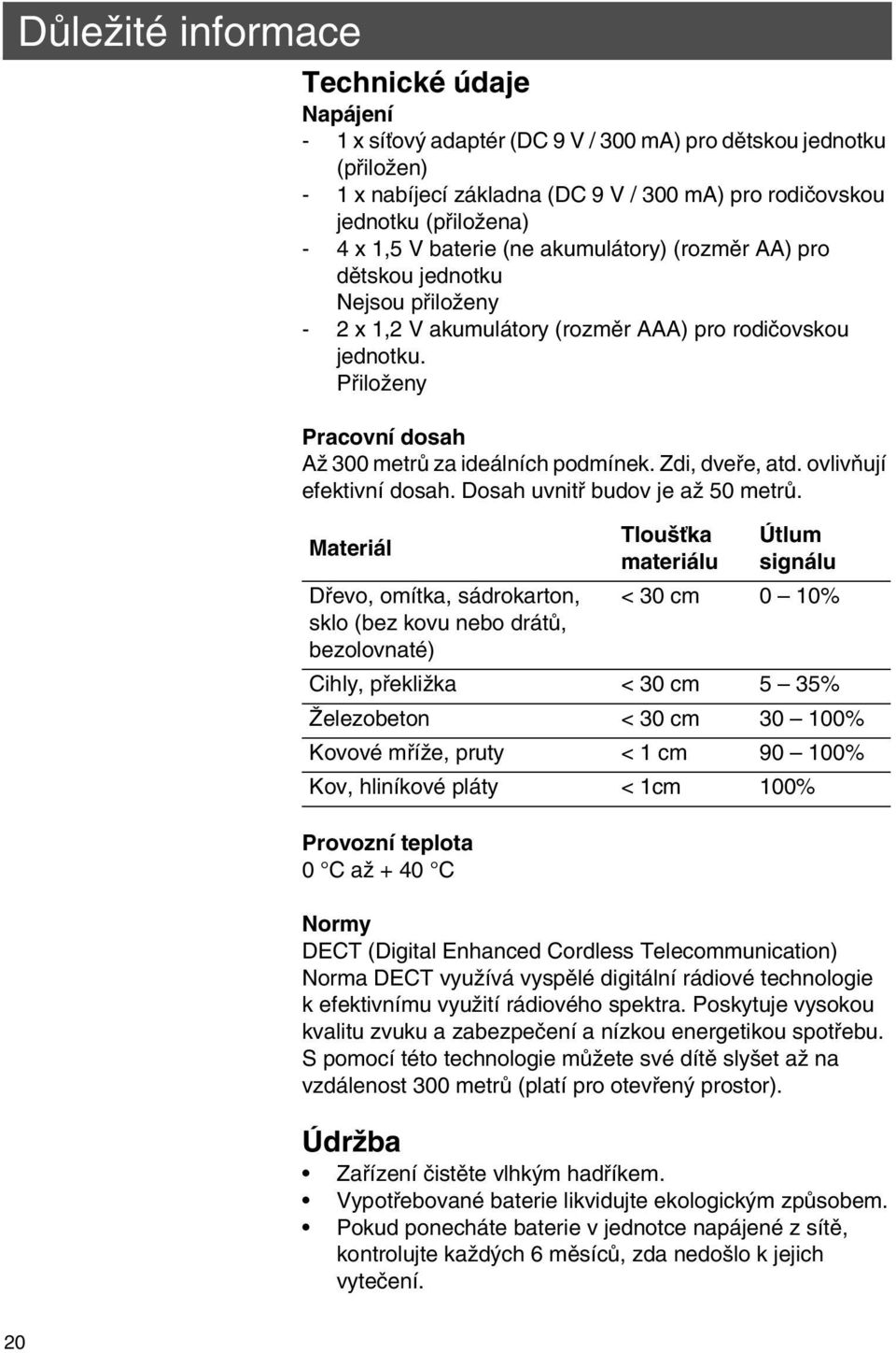 Přiloženy Pracovní dosah Až 300 metrů za ideálních podmínek. Zdi, dveře, atd. ovlivňují efektivní dosah. Dosah uvnitř budov je až 50 metrů.