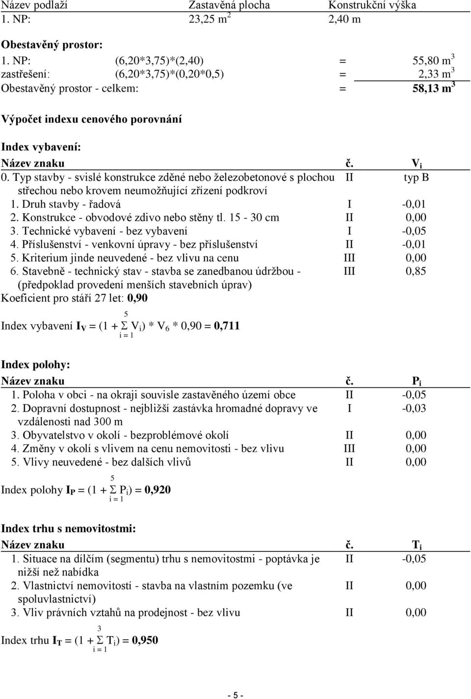 Typ stavby - svislé konstrukce zděné nebo železobetonové s plochou II typ B střechou nebo krovem neumožňující zřízení podkroví 1. Druh stavby - řadová I -0,01 2.
