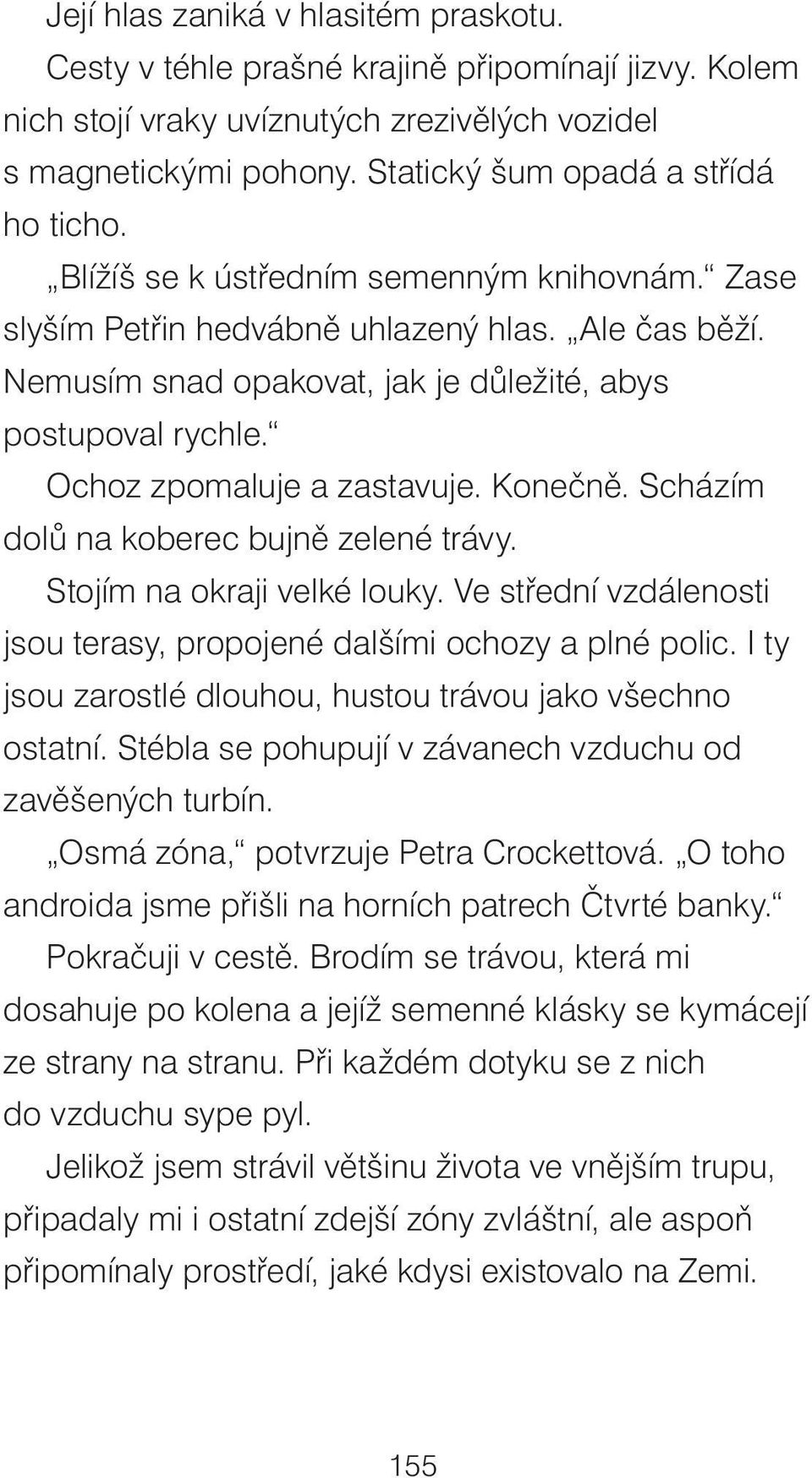 Scházím dolů na koberec bujně zelené trávy. Stojím na okraji velké louky. Ve střední vzdálenosti jsou terasy, propojené dalšími ochozy a plné polic.