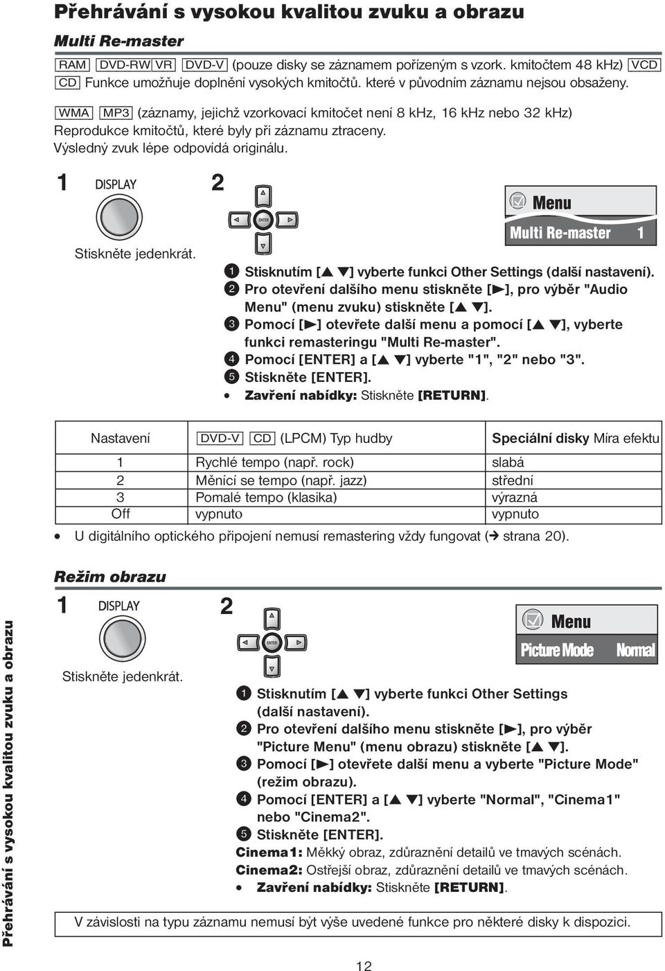 [WMA] [MP3] (záznamy, jejichž vzorkovací kmitočet není 8 khz, 16 khz nebo 32 khz) Reprodukce kmitočtů, které byly při záznamu ztraceny. Výsledný zvuk lépe odpovídá originálu. Stiskněte jedenkrát.