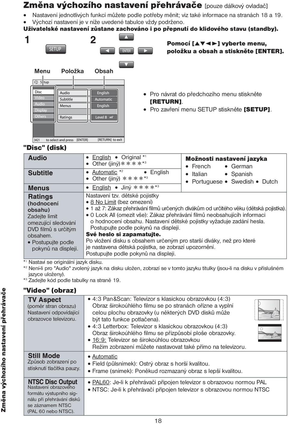 Pomocí [5 2 3] vyberte menu, položku a obsah a stiskněte [ENTER]. Menu Položka Obsah Pro návrat do předchozího menu stiskněte [RETURN]. Pro zavření menu SETUP stiskněte [SETUP].