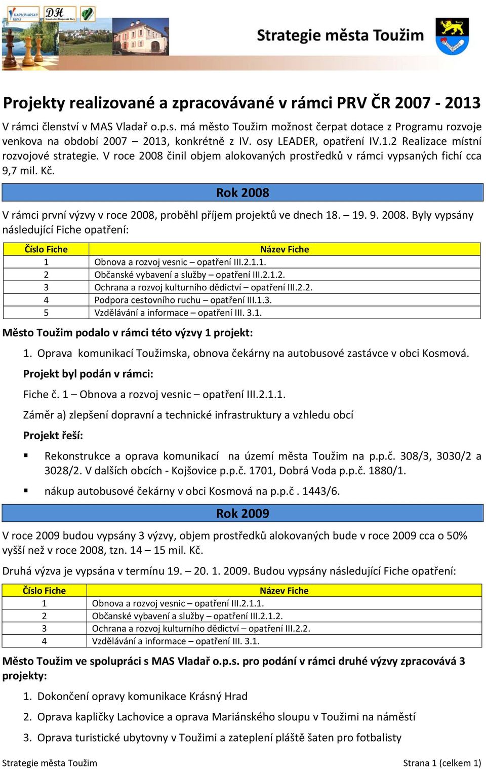 Rok 2008 V rámci první výzvy v roce 2008, proběhl příjem projektů ve dnech 18. 19. 9. 2008. Byly vypsány následující Fiche opatření: Číslo Fiche Název Fiche 1 Obnova a rozvoj vesnic opatření III.2.1.1. 2 Občanské vybavení a služby opatření III.