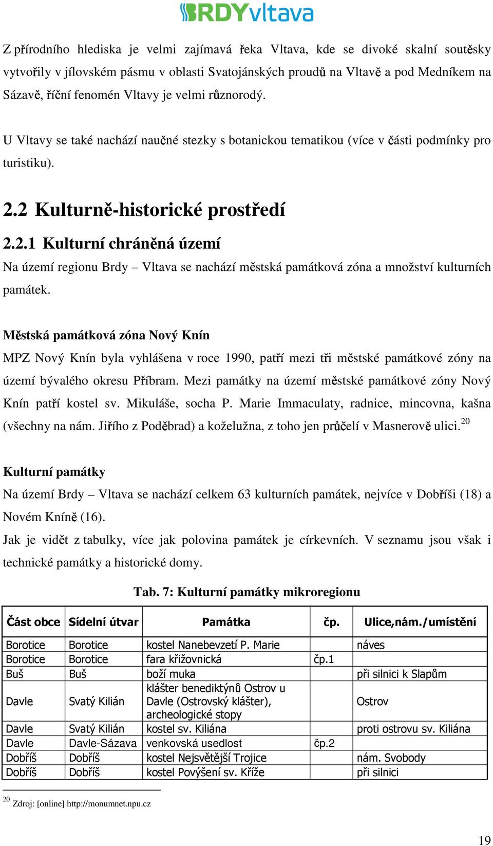 2 Kulturn -historické prost edí 2.2.1 Kulturní chrán ná území Na území regionu Brdy Vltava se nachází městská památková zóna a množství kulturních památek.