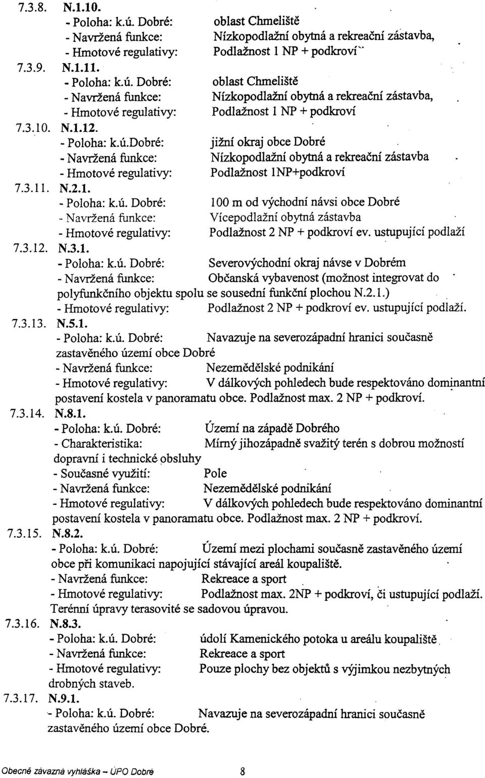 Nízkopodlažní obytná a rekreaèní zástavba - Hmotové regulativy: Podlažnost INP+podkroví 7311 N21 - Poloha: kú Dobré: 100 m od východní návsi obce Dobré - Navržená funkce: Vícepodlažní obytná zástavba