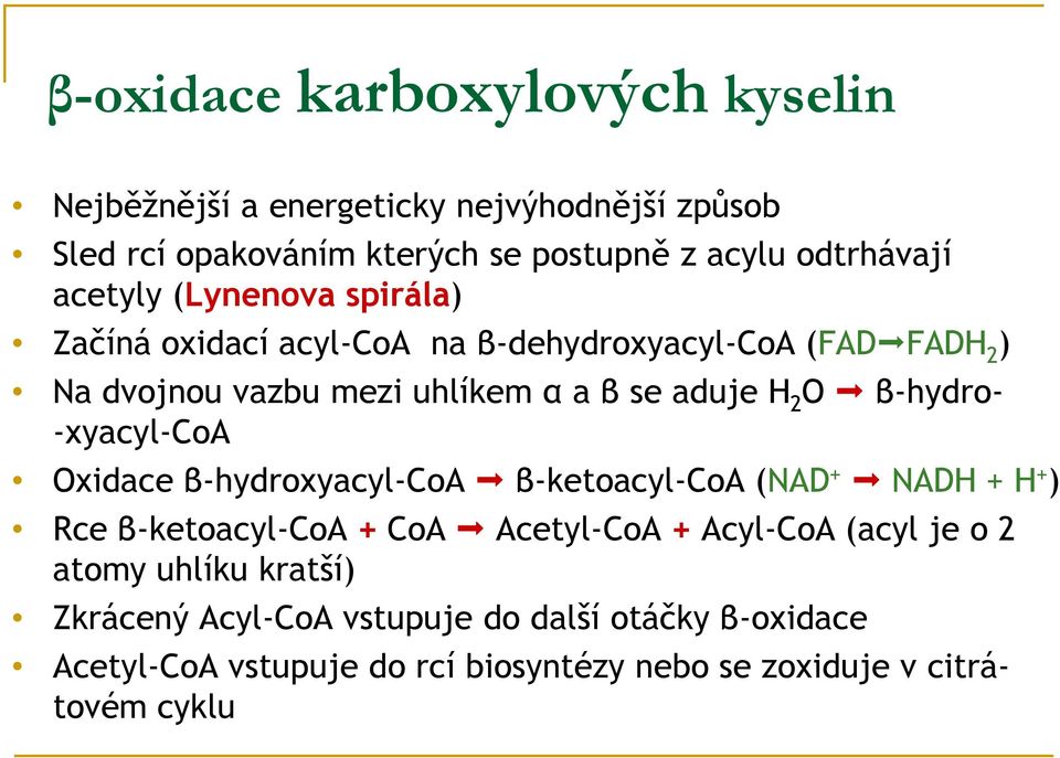 β-hydro- -xyacyl-coa Oxidace β-hydroxyacyl-coa β-ketoacyl-coa (NAD + NADH + H + ) Rce β-ketoacyl-coa + CoA Acetyl-CoA + Acyl-CoA (acyl je o 2
