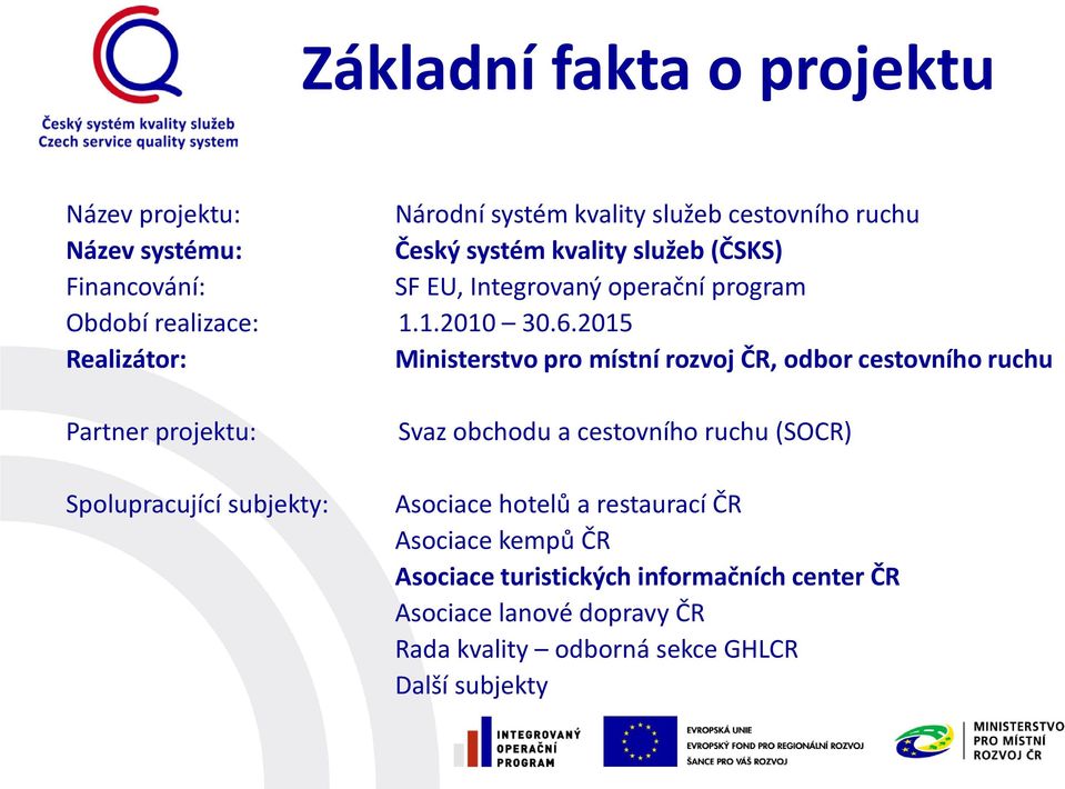 2015 Realizátor: Ministerstvo pro místní rozvoj ČR, odbor cestovního ruchu Partner projektu: Spolupracující subjekty: Svaz obchodu a