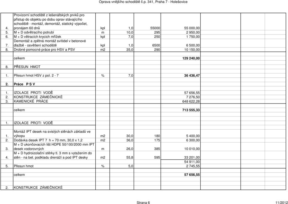 Demontáž a zpětná montáž svítidel v betonové dlažbě - osvětlení schodiště kpl 1,0 6500 6 500,00 8. Drobné pomocné práce pro HSV a PSV m2 35,0 290 10 150,00 celkem 129 240,00 8.