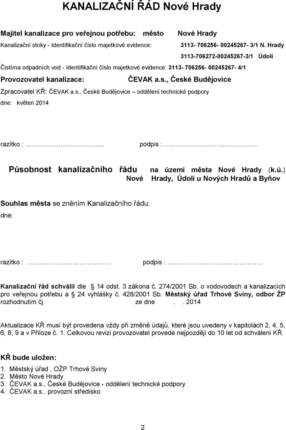 s., České Budějovice oddělení technické podpory dne: květen 2014 razítko :... podpis : Působnost kanalizačního řádu Nové na úz