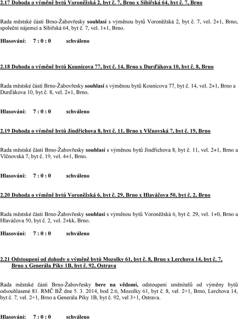 11, Brno x Vlčnovská 7, byt č. 19, Brno souhlasí s výměnou bytů Jindřichova 8, byt č. 11, vel. 2+1, Brno a Vlčnovská 7, byt č. 19, vel. 4+1, Brno. 2.20 Dohoda o výměně bytů Voroněžská 6, byt č.