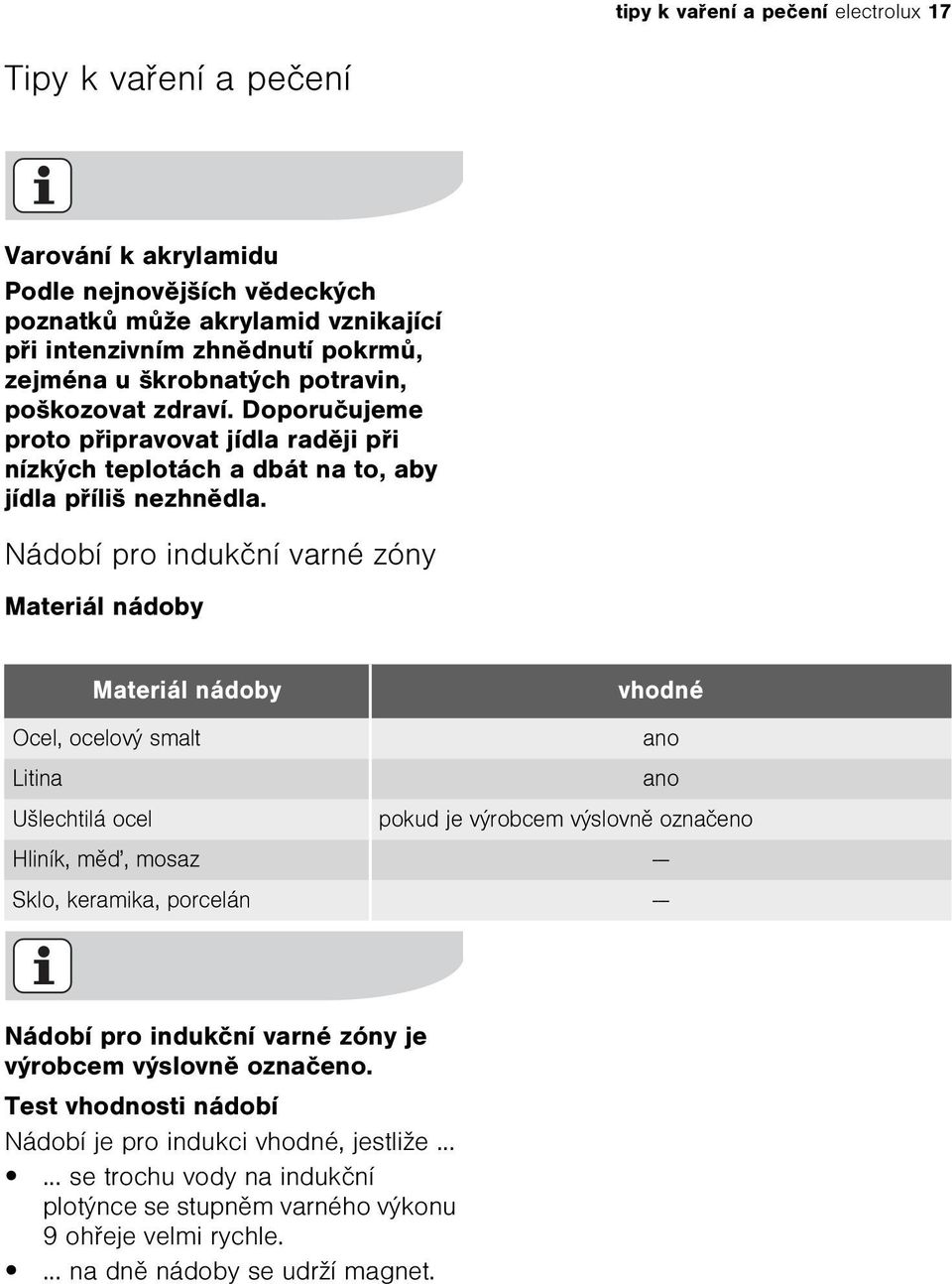 Nádobí pro indukèní varné zóny Materiál nádoby Materiál nádoby vhodné Ocel, ocelový smalt ano Litina ano Ušlechtilá ocel pokud je výrobcem výslovnì oznaèeno Hliník, mìï, mosaz --- Sklo, keramika,