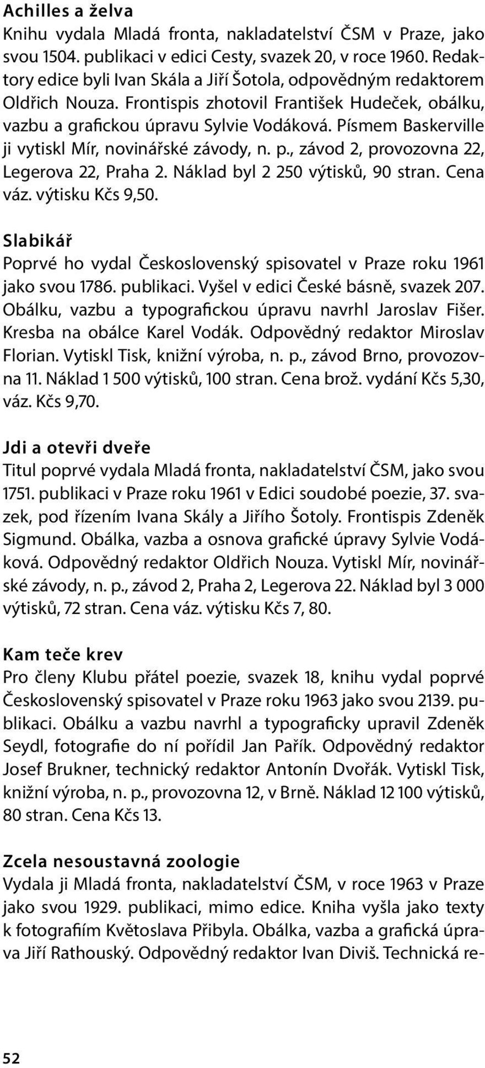 Písmem Baskerville ji vytiskl Mír, novinářské závody, n. p., závod 2, provozovna 22, Legerova 22, Praha 2. Náklad byl 2 250 výtisků, 90 stran. Cena váz. výtisku Kčs 9,50.