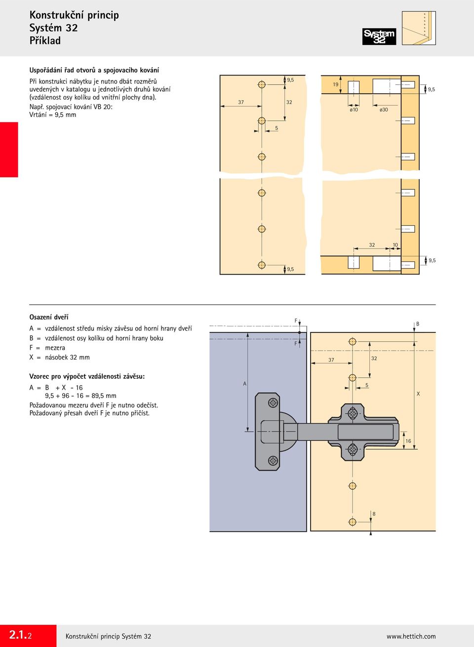 spojovací kování VB 20: Vrtání = 9,5 mm 37 9,5 19 ø10 ø30 9,5 5 10 9,5 9,5 Osazení dveří A = vzdálenost středu misky závěsu od horní hrany dveří B = vzdálenost osy