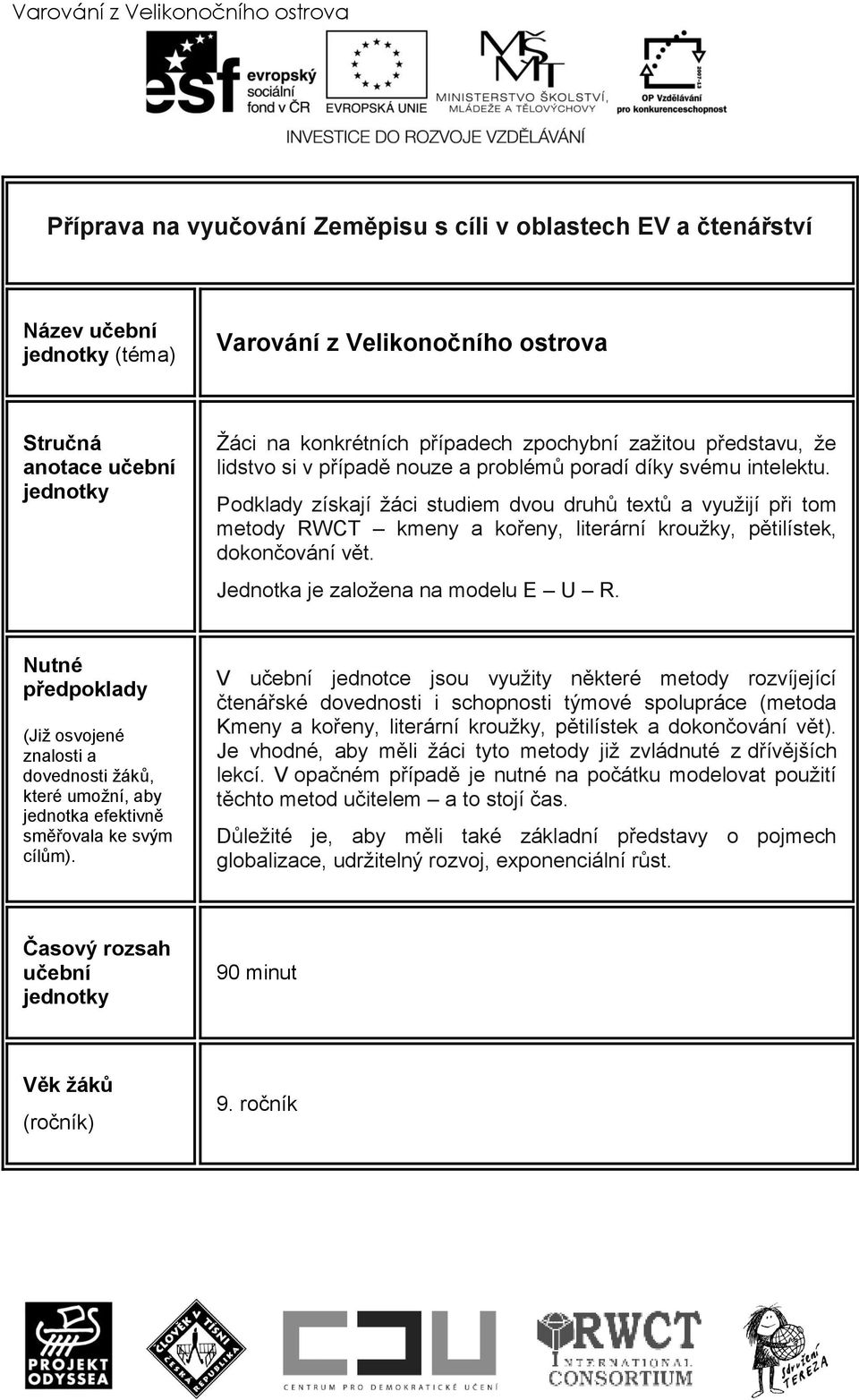 Podklady získají ţáci studiem dvou druhů textů a vyuţijí při tom metody RWCT kmeny a kořeny, literární krouţky, pětilístek, dokončování vět. Jednotka je zaloţena na modelu E U R.