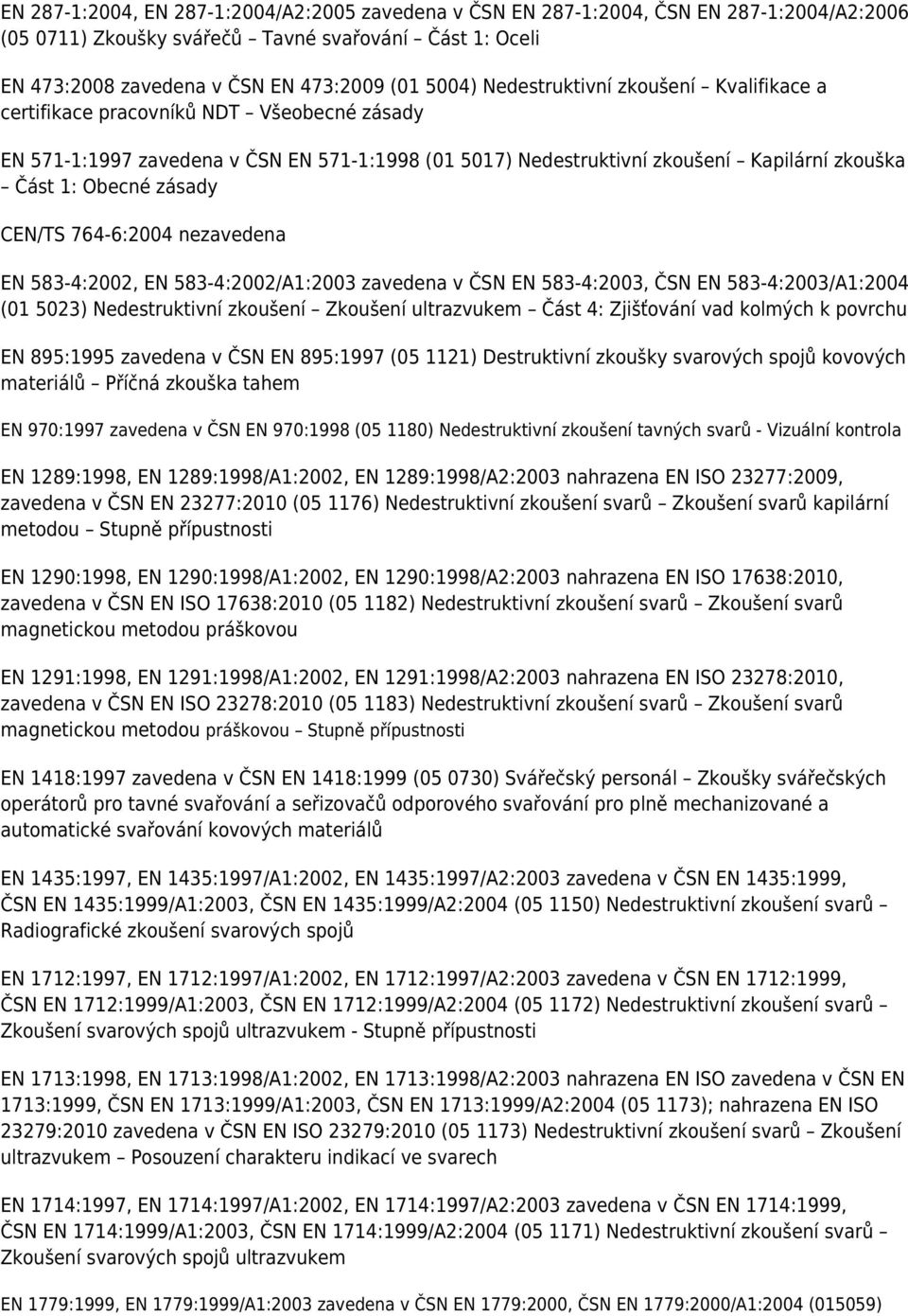 CEN/TS 764-6:2004 nezavedena EN 583-4:2002, EN 583-4:2002/A1:2003 zavedena v ČSN EN 583-4:2003, ČSN EN 583-4:2003/A1:2004 (01 5023) Nedestruktivní zkoušení Zkoušení ultrazvukem Část 4: Zjišťování vad