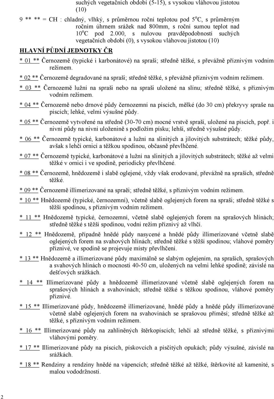 000, s nulovou pravděpodobností suchých vegetačních období (0), s vysokou vláhovou jistotou (10) HLAVNÍ PŮDNÍ JEDNOTKY ČR * 01 ** Černozemě (typické i karbonátové) na spraši; středně těžké, s