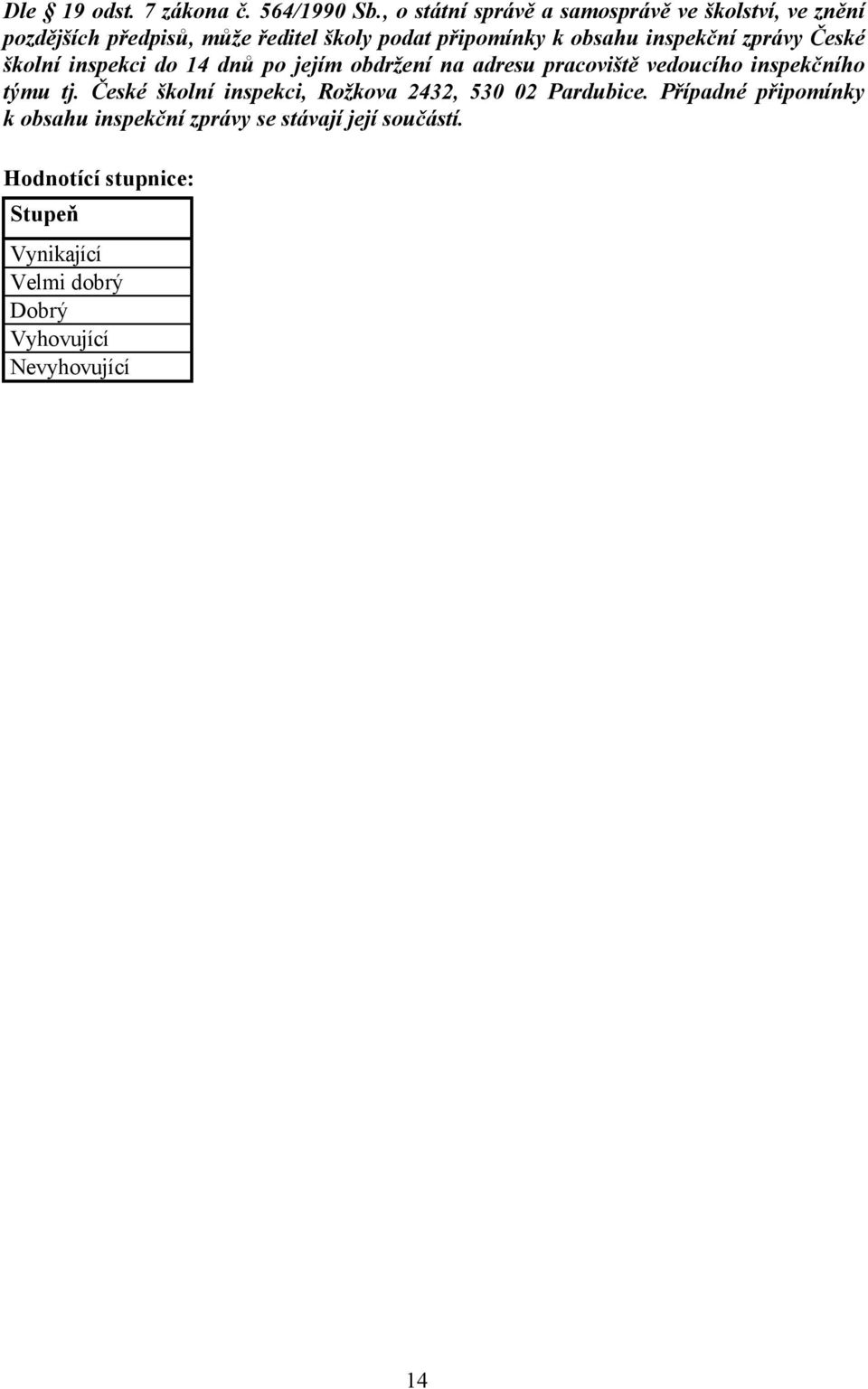 inspekční zprávy České školní inspekci do 14 dnů po jejím obdržení na adresu pracoviště vedoucího inspekčního týmu tj.