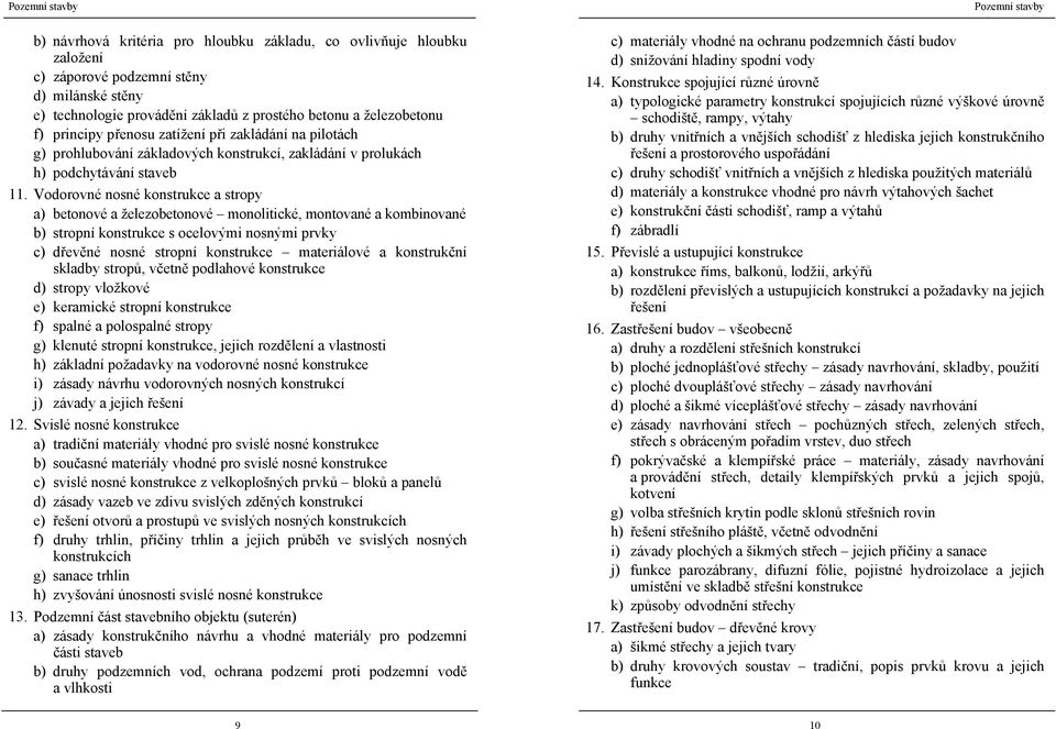 Vodorovné nosné konstrukce a stropy a) betonové a železobetonové monolitické, montované a kombinované b) stropní konstrukce s ocelovými nosnými prvky c) dřevěné nosné stropní konstrukce materiálové a