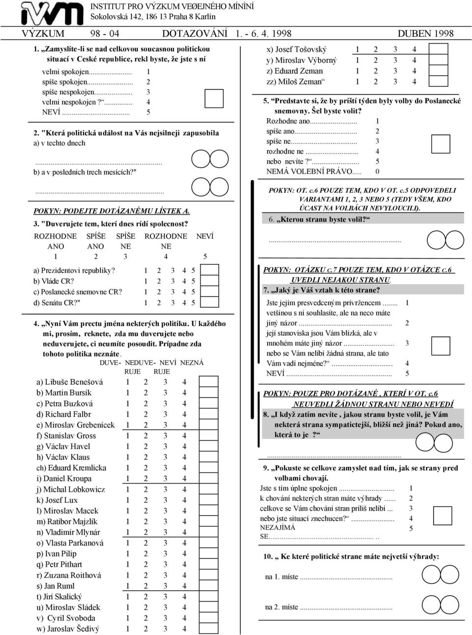 ... "Která politická událost na Vás nejsilneji zapusobila a) v techto dnech... b) a v posledních trech mesících?" x) Josef Tošovský y) Miroslav Výborný z) Eduard Zeman zz) Miloš Zeman.