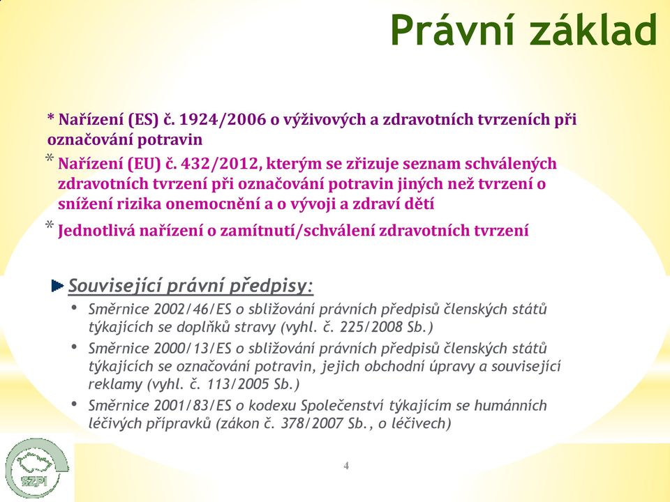 zamítnutí/schválení zdravotních tvrzení Související právní předpisy: Směrnice 2002/46/ES o sbližování právních předpisů členských států týkajících se doplňků stravy (vyhl. č. 225/2008 Sb.