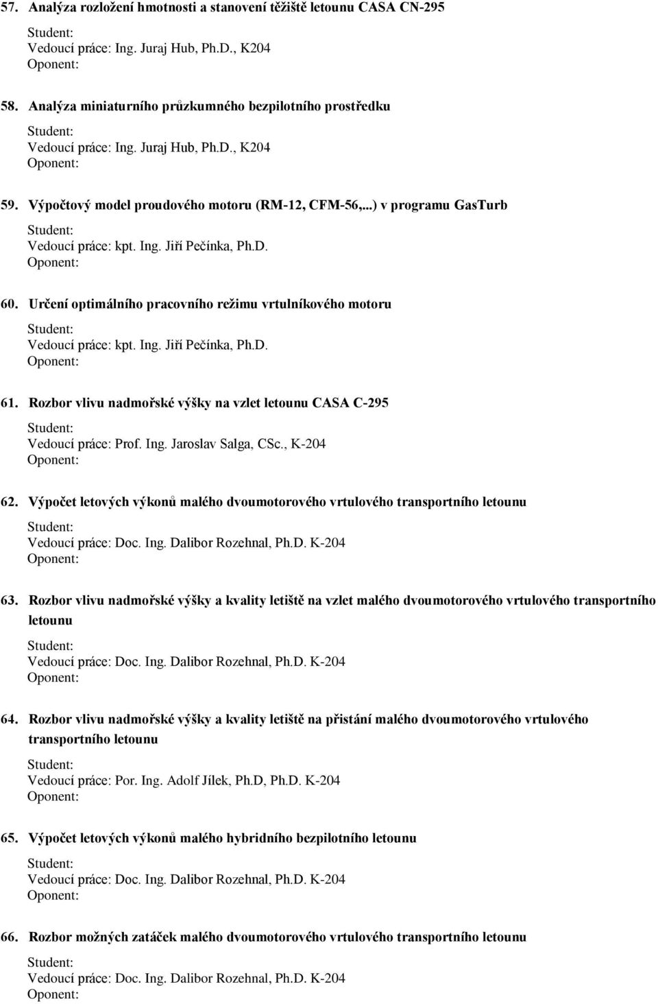 Rozbor vlivu nadmoøské výšky na vzlet letounu CASA C-295 Prof. Ing. Jaroslav Salga, CSc., K-204 62. Výpoèet letových výkonù malého dvoumotorového vrtulového transportního letounu Doc. Ing. Dalibor Rozehnal, Ph.