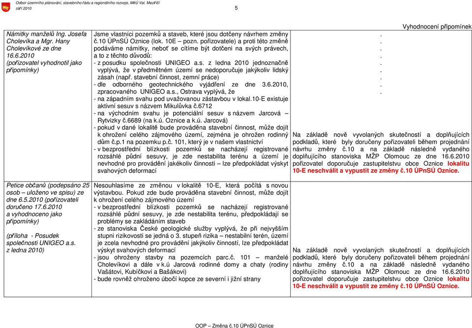 vlastníci pozemků a staveb, které jsou dotčeny návrhem změny č10 ÚPnSÚ Oznice (lok 10E pozn pořizovatele) a proti této změně podáváme námitky, neboť se cítíme být dotčeni na svých právech, a to z