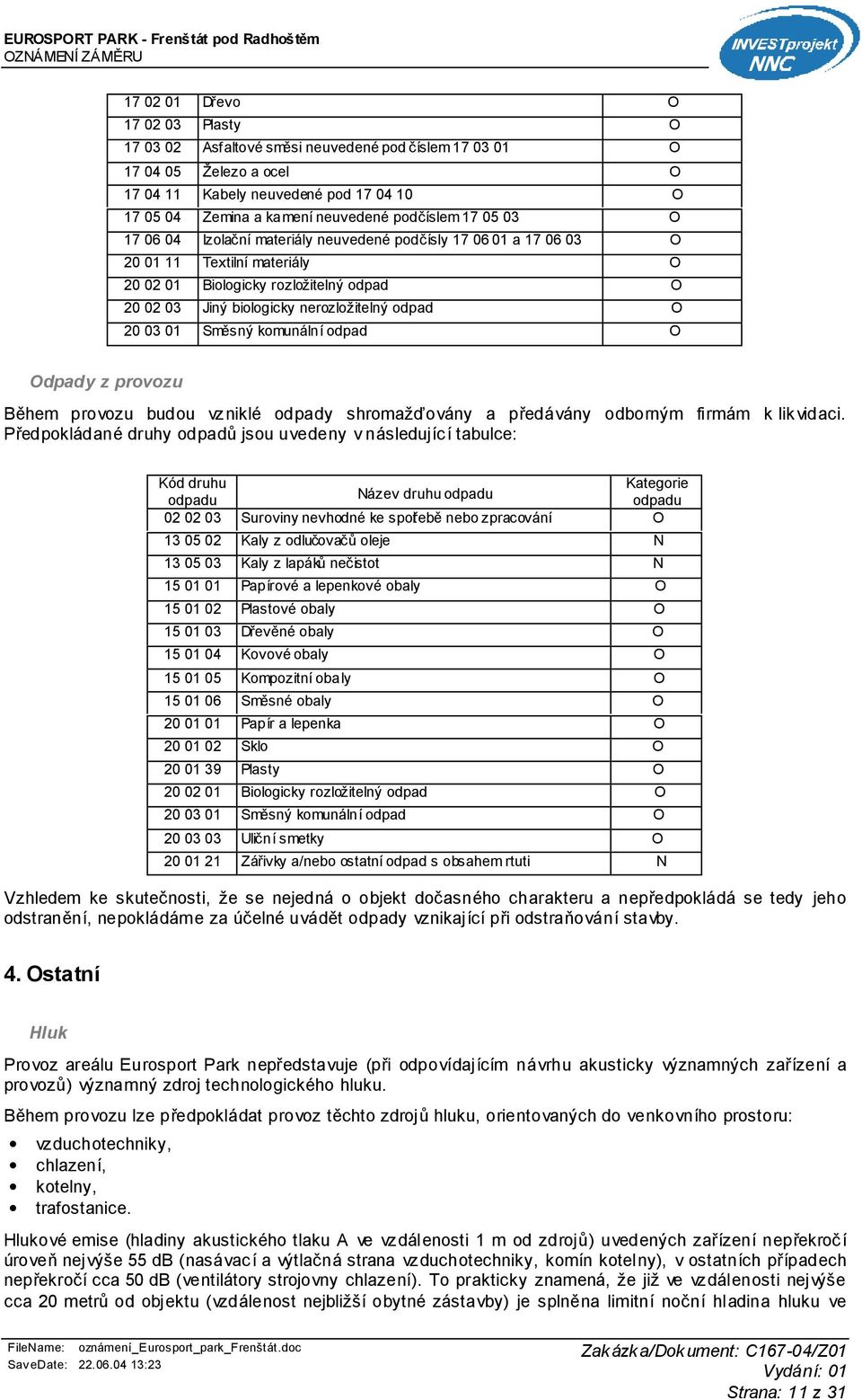 odpad O 20 03 01 Směsný komunální odpad O Odpady z provozu Během provozu budou vzniklé odpady shromažďovány a předávány odborným firmám k likvidaci.