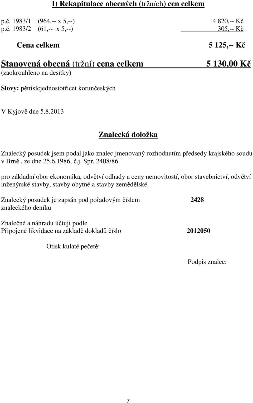 p.č. 1983/2 (61,-- x 5,--) 305,-- Kč Cena celkem Stanovená obecná (tržní) cena celkem (zaokrouhleno na desítky) 5 125,-- Kč 5 130,00 Kč Slovy: pěttisícjednostotřicet korunčeských V Kyjově dne 5.