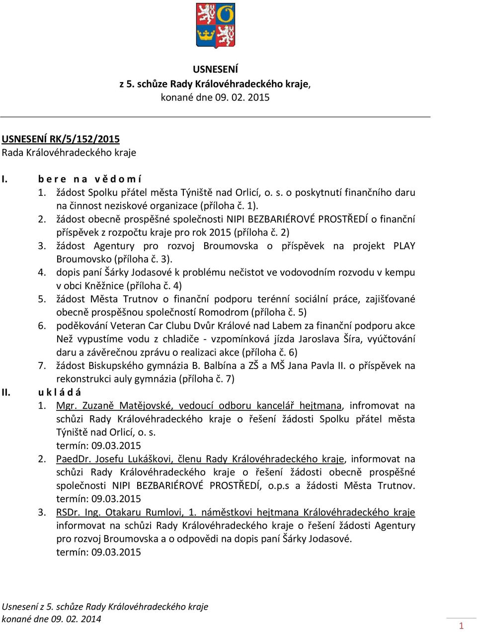 žádost Agentury pro rozvoj Broumovska o příspěvek na projekt PLAY Broumovsko (příloha č. 3). 4. dopis paní Šárky Jodasové k problému nečistot ve vodovodním rozvodu v kempu v obci Kněžnice (příloha č.