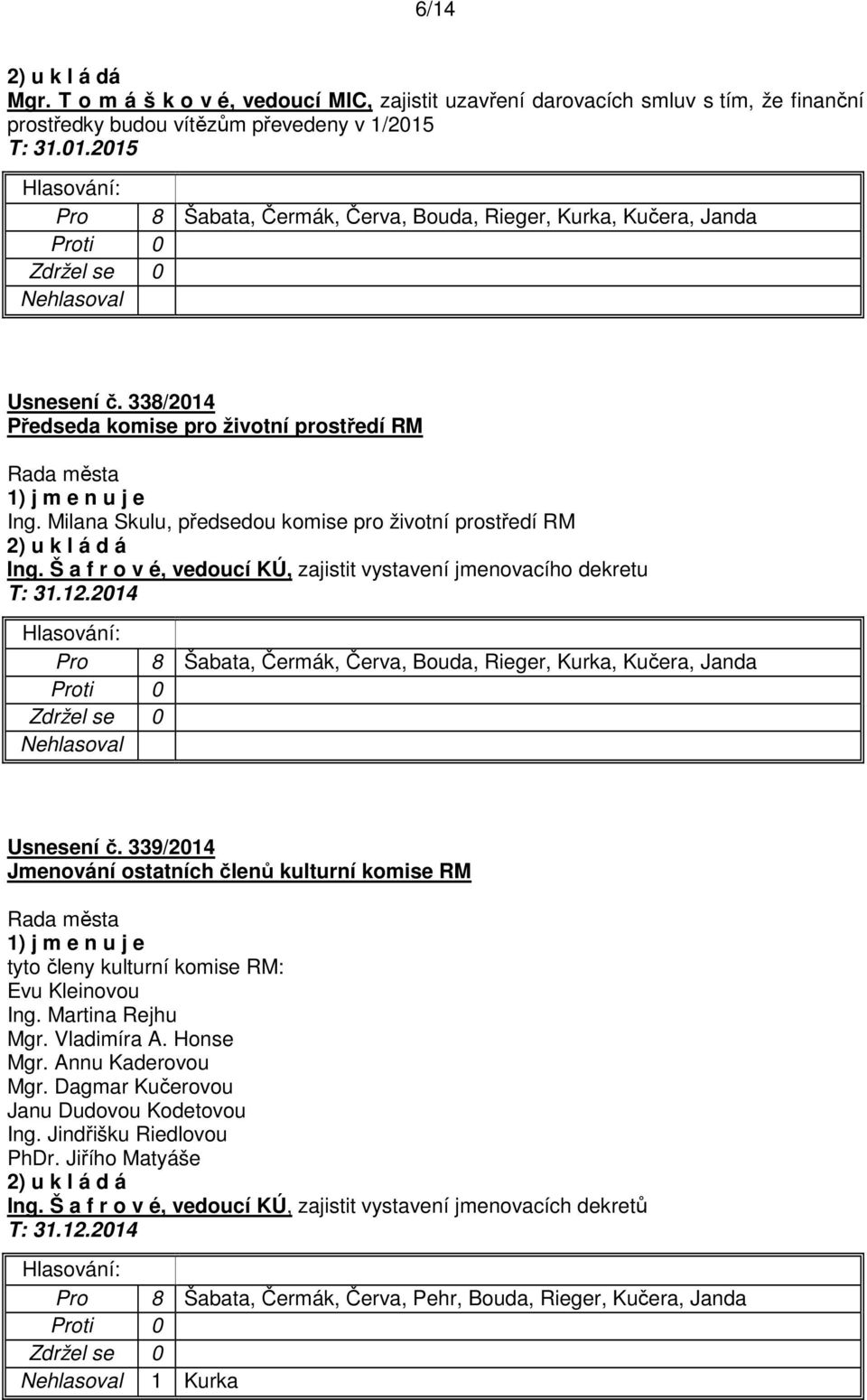 Š a f r o v é, vedoucí KÚ, zajistit vystavení jmenovacího dekretu Usnesení č. 339/2014 Jmenování ostatních členů kulturní komise RM 1) j m e n u j e tyto členy kulturní komise RM: Evu Kleinovou Ing.
