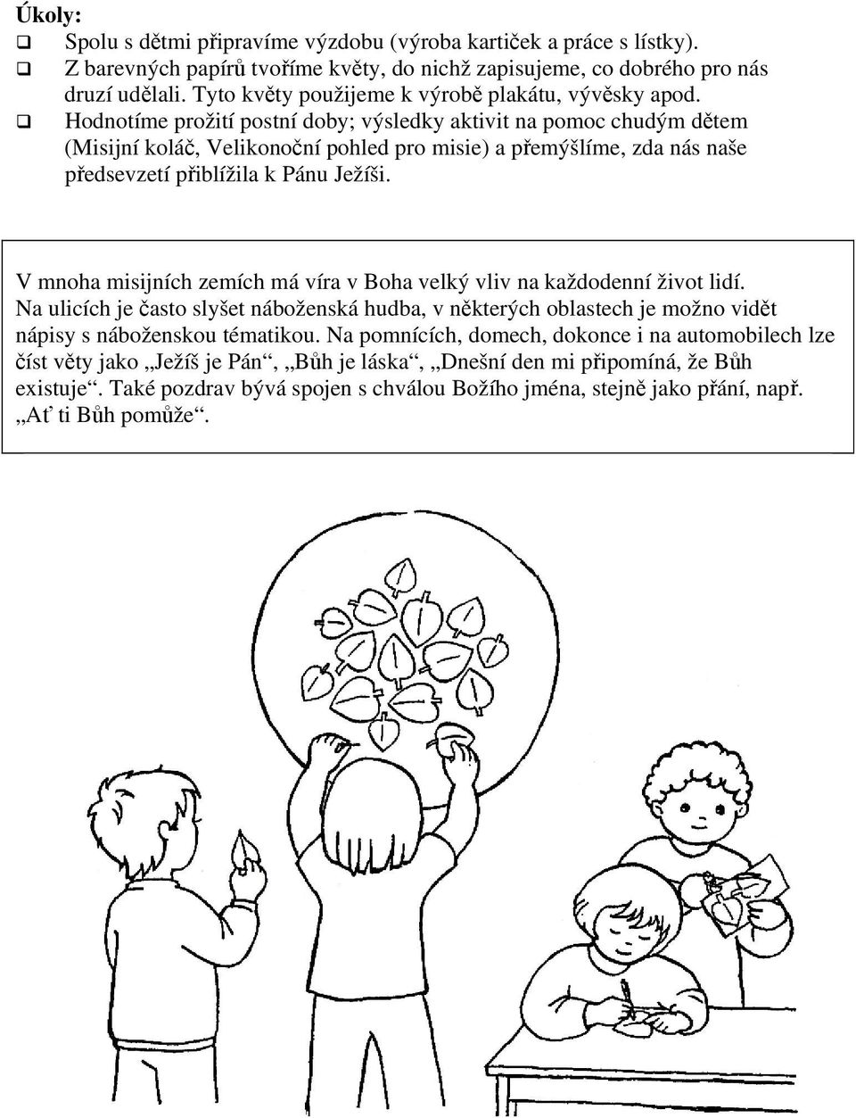 Hodnotíme prožití postní doby; výsledky aktivit na pomoc chudým dětem (Misijní koláč, Velikonoční pohled pro misie) a přemýšlíme, zda nás naše předsevzetí přiblížila k Pánu Ježíši.