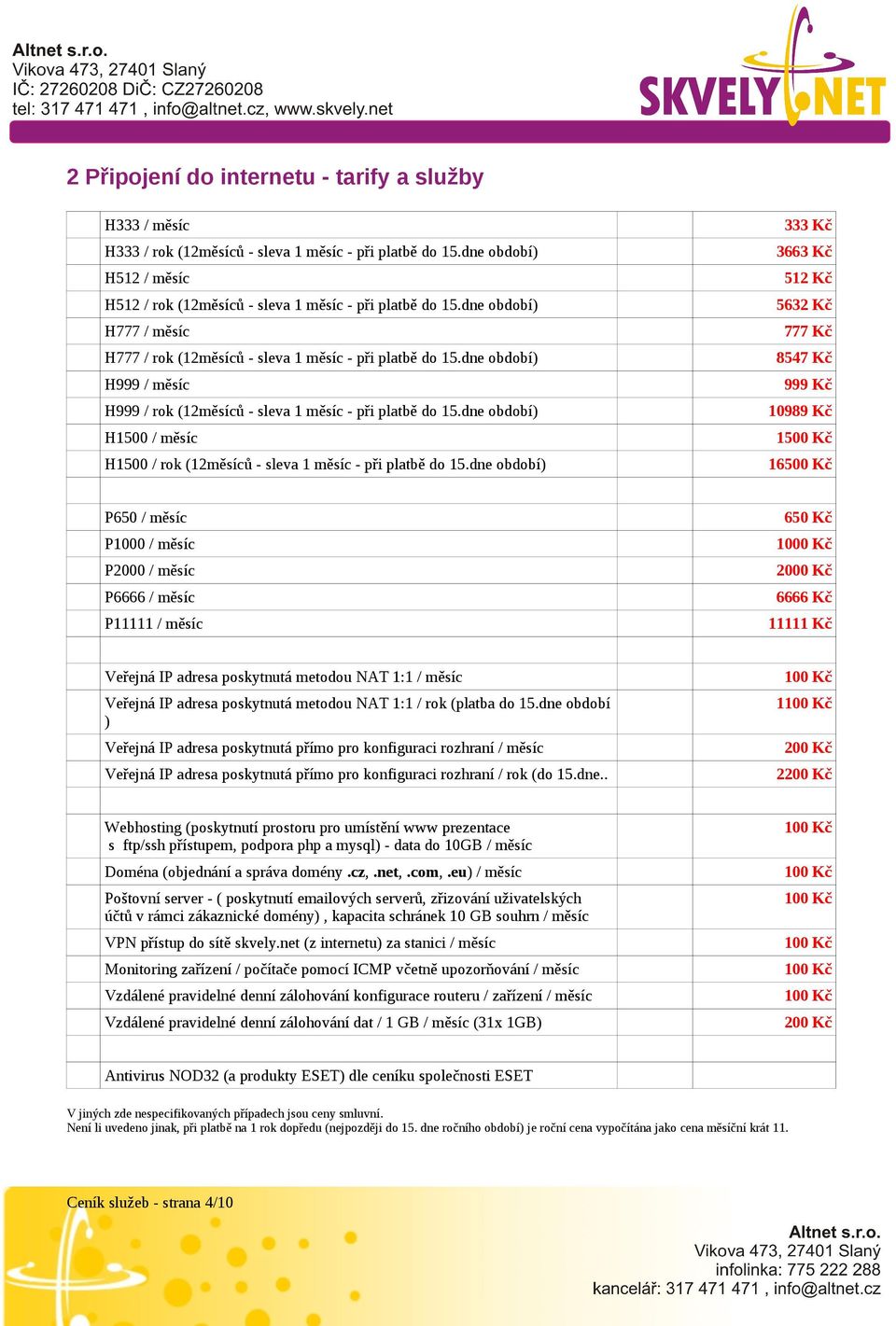 dne období) H1500 / měsíc H1500 / rok (12měsíců - sleva 1 měsíc - při platbě do 15.