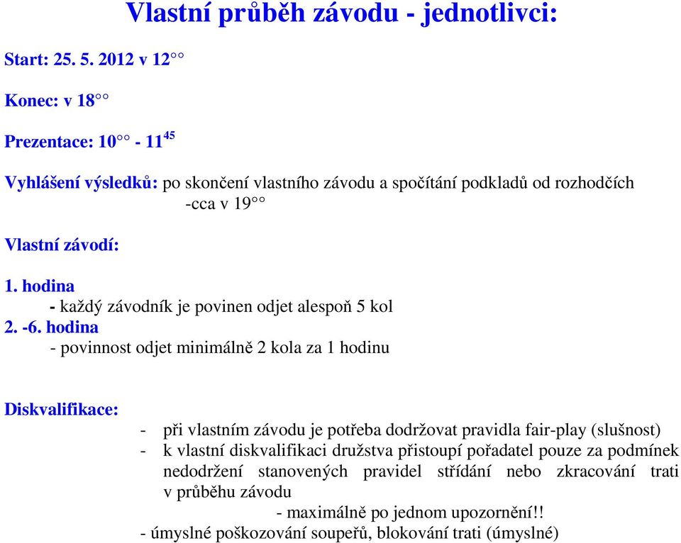 -cca v 19 Vlastní závodí: 1. hodina - každý závodník je povinen odjet alespoň 5 kol 2. -6.