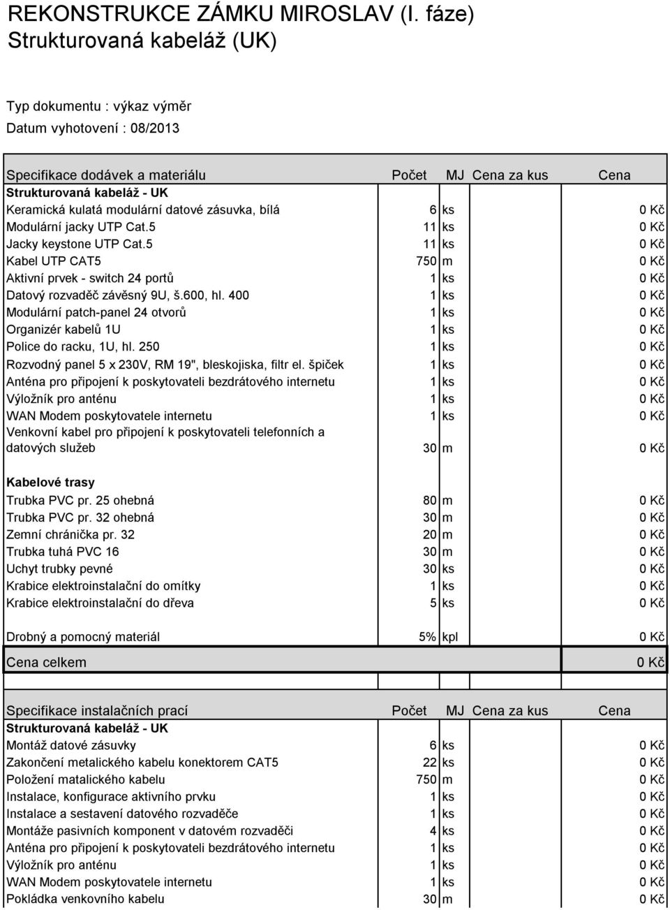 datové zásuvka, bílá 6ks Modulární jacky UTP Cat.5 11 ks Jacky keystone UTP Cat.5 11 ks Kabel UTP CAT5 750 m Aktivní prvek - switch 24 portů 1ks Datový rozvaděč závěsný 9U, š.600, hl.