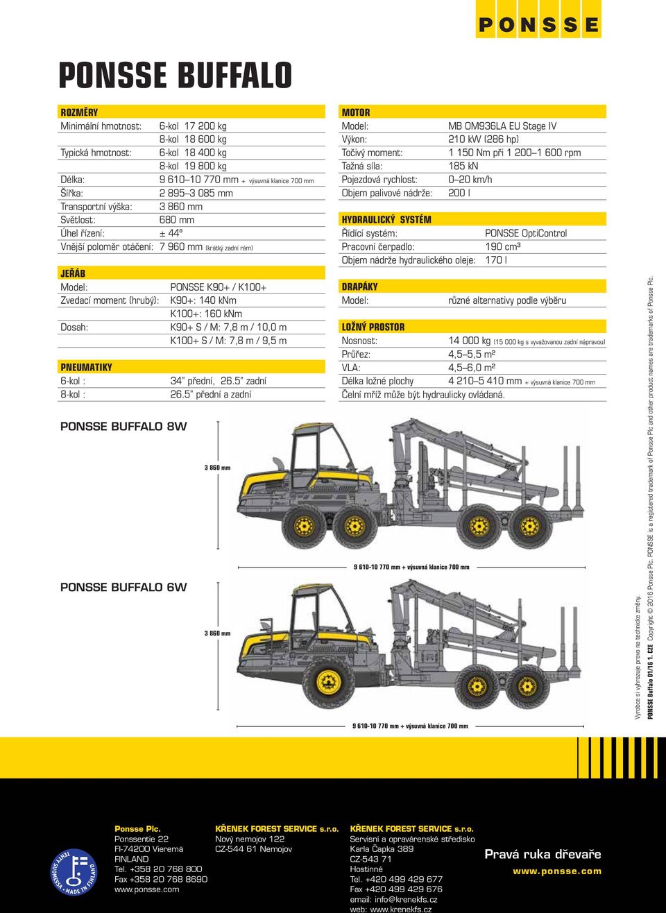 K90+: 140 knm K100+: 160 knm Dosah: K90+ S / M: 7,8 m / 10,0 m K100+ S / M: 7,8 m / 9,5 m PNEUMATIKY 6-kol : 8-kol : 34 přední, 26.5 zadní 26.