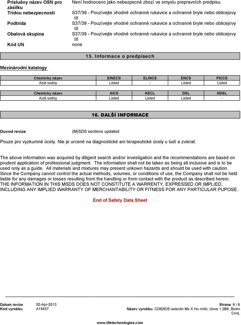 DALŠÍINFORMACE Duvod revize (M)SDS sections updated Pouze pro vyzkumné úcely. Nie je urcené na diagnostické ani terapeutické úcely u ludí a zvierat.