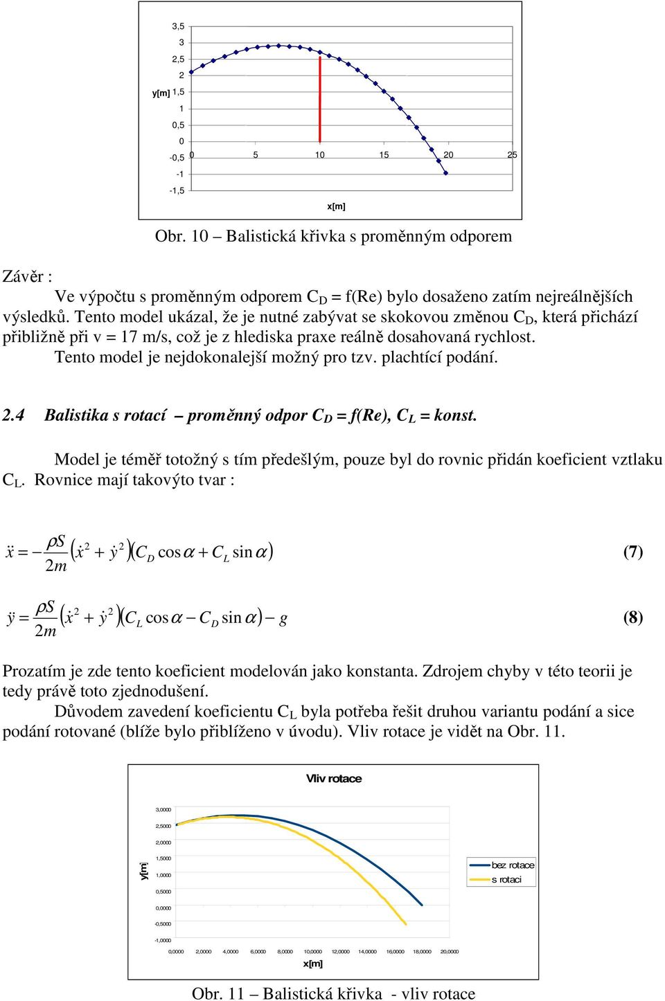 plachtící podání. x[m].4 Balistika s rotací proměnný odpor C D = f(re), C L = konst. Model je téměř totožný s tím předešlým, pouze byl do rovnic přidán koeficient vztlaku C L.
