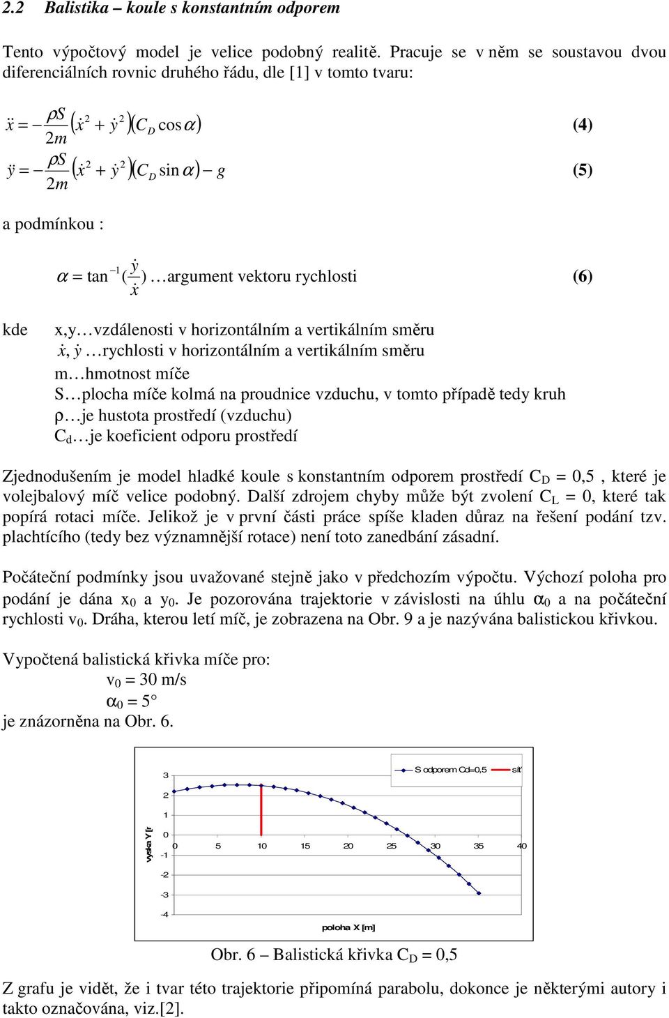 argument vektoru rychlosti (6) x& kde x,y vzdálenosti v horizontálním a vertikálním směru x &, y& rychlosti v horizontálním a vertikálním směru m hmotnost míče S plocha míče kolmá na proudnice