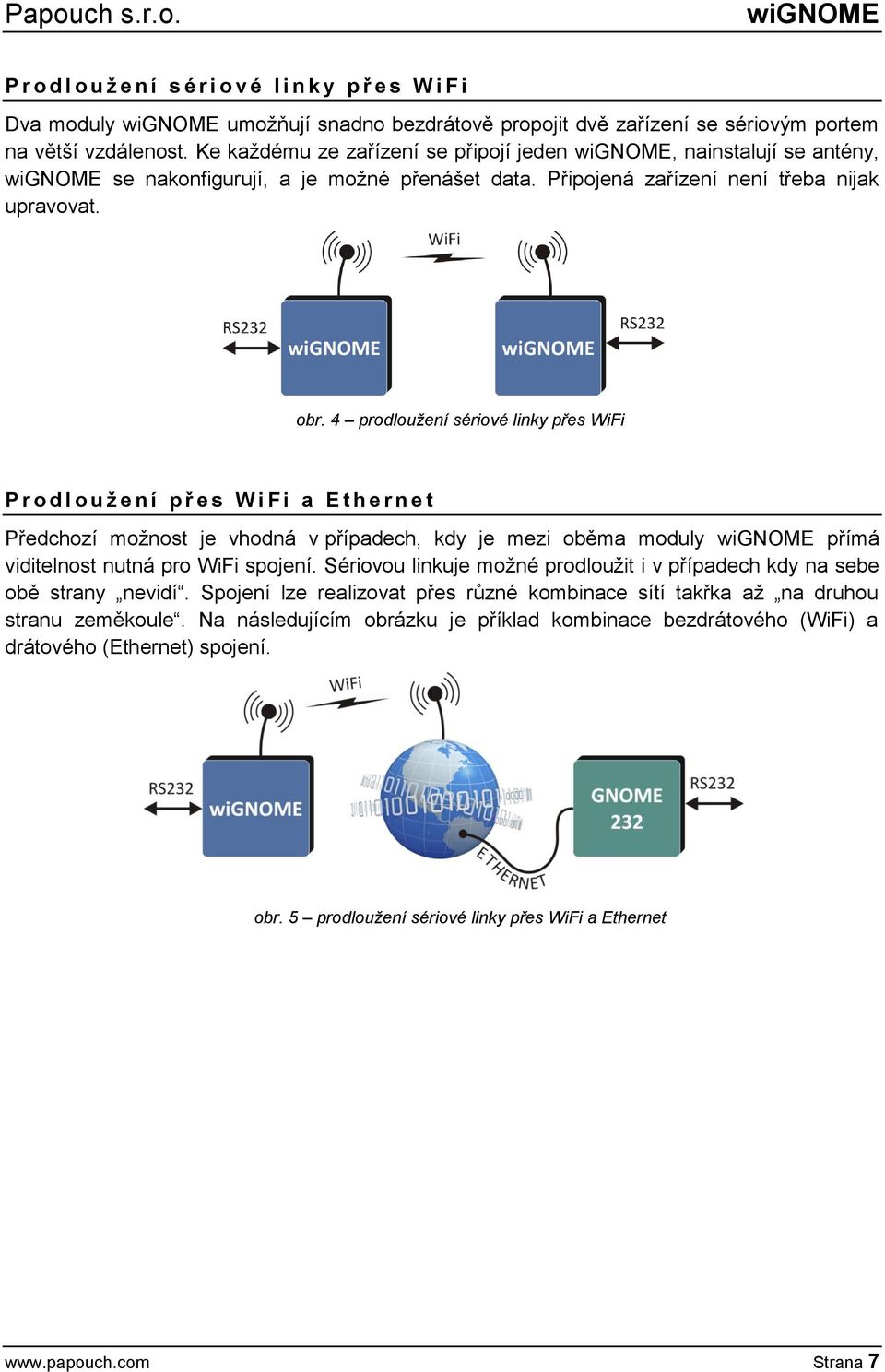 4 prodloužení sériové linky přes WiFi P r o d l o u ž e n í p ř e s W i F i a E t h e r n e t Předchozí možnost je vhodná v případech, kdy je mezi oběma moduly wignome přímá viditelnost nutná pro