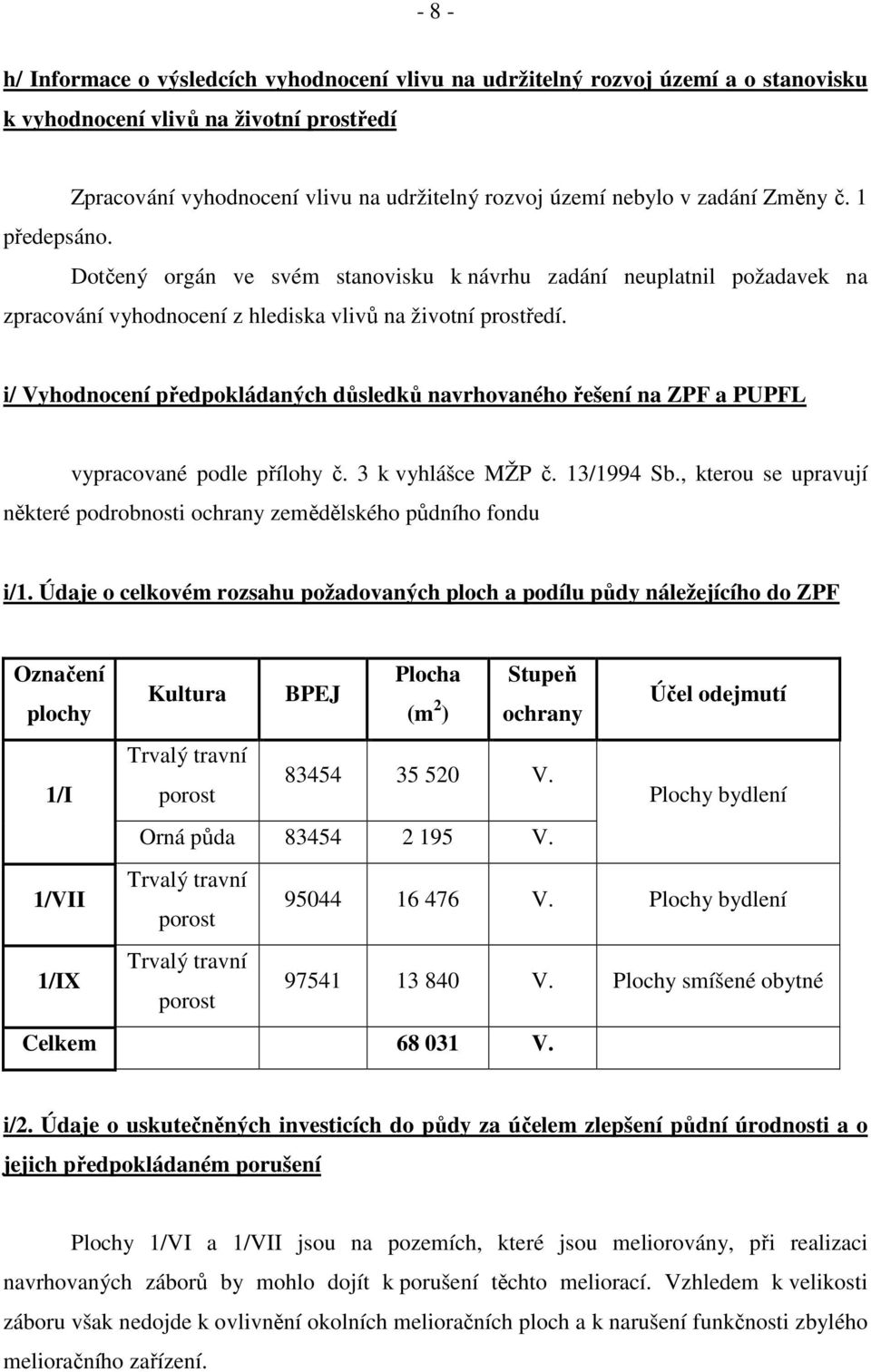 i/ Vyhodnocení předpokládaných důsledků navrhovaného řešení na ZPF a PUPFL vypracované podle přílohy č. 3 k vyhlášce MŽP č. 13/1994 Sb.