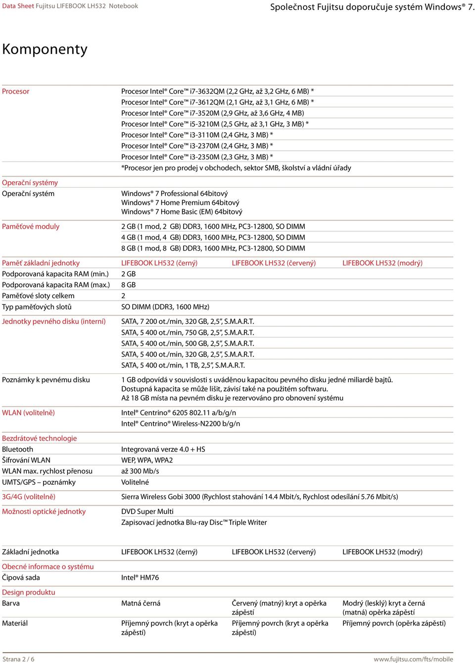 *Procesor jen pro prodej v obchodech, sektor SMB, školství a vládní úřady Operační systémy Operační systém Paměťové moduly Windows 7 Professional 64bitový Windows 7 Home Premium 64bitový Windows 7