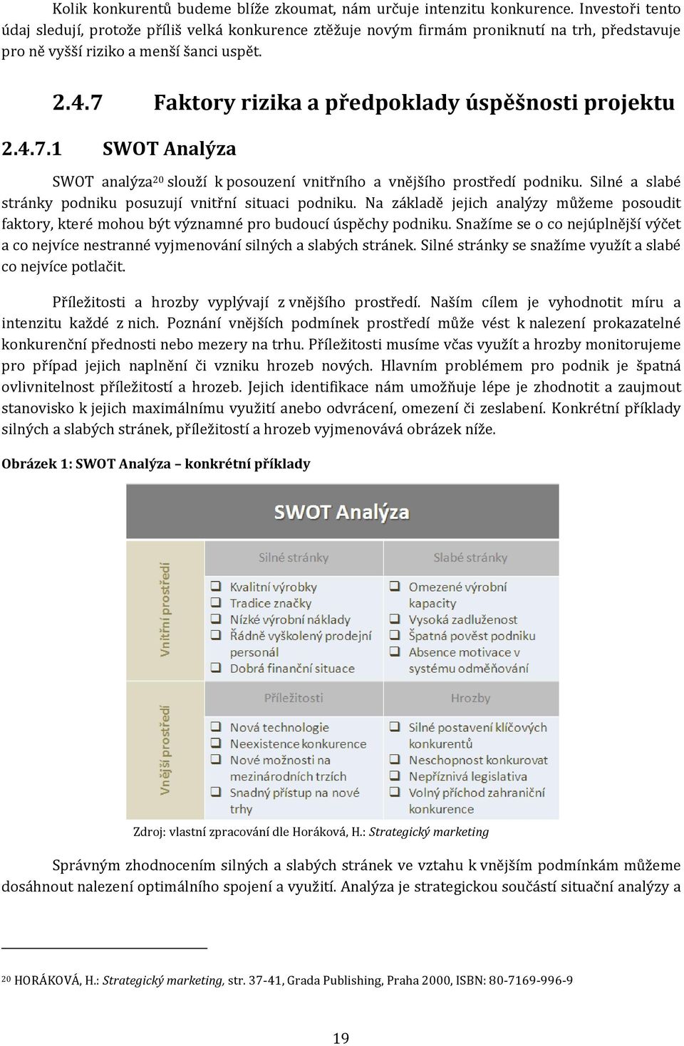 7 Faktory rizika a předpoklady úspěšnosti projektu 2.4.7.1 SWOT Analýza SWOT analýza 2 slouží k posouzení vnitřního a vnějšího prostředí podniku.