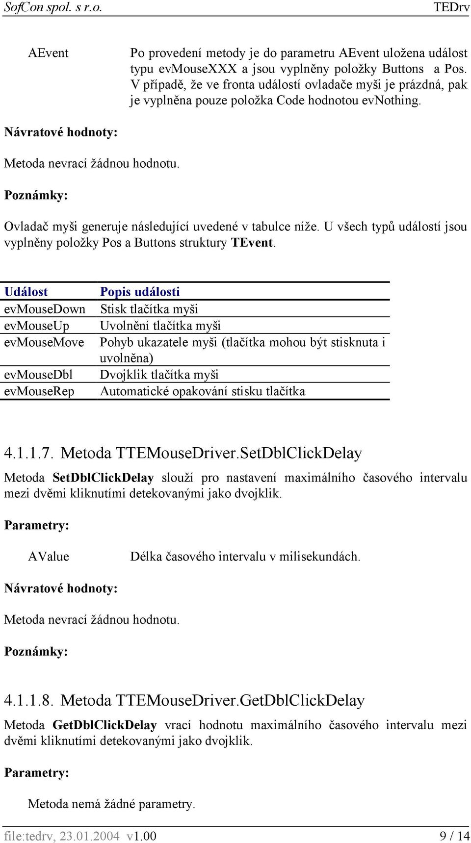 Ovladač myši generuje následující uvedené v tabulce níže. U všech typů událostí jsou vyplněny položky Pos a Buttons struktury TEvent.