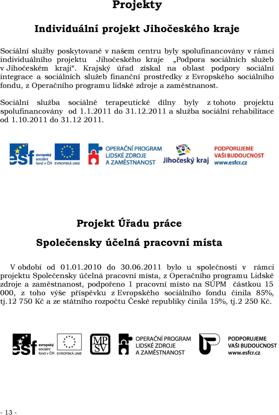 Sociální služba sociálně terapeutické dílny byly z tohoto projektu spolufinancovány od 1.1.2011 do 31.12.2011 a služba sociální rehabilitace od 1.10.2011 do 31.12 2011.