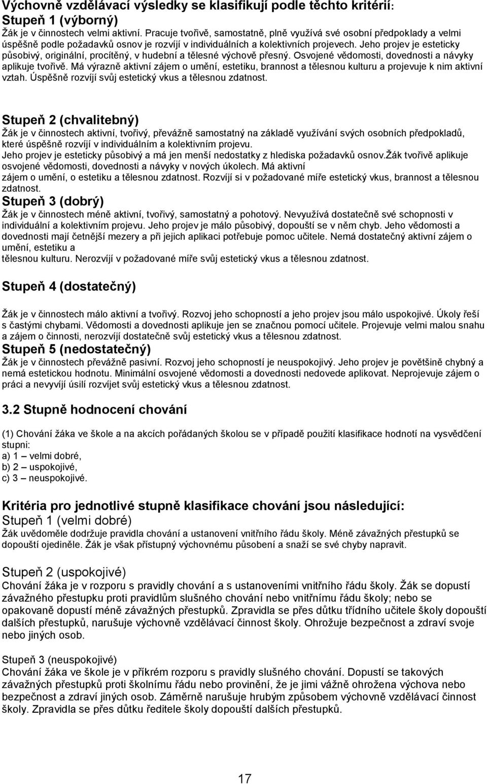 Jeho projev je esteticky působivý, originální, procítěný, v hudební a tělesné výchově přesný. Osvojené vědomosti, dovednosti a návyky aplikuje tvořivě.